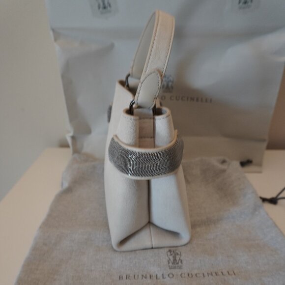 Brunello Cucinelli Essence Bag Small Ivory Suede Top Handle Monili Crossbody New - Picture 4 of 11
